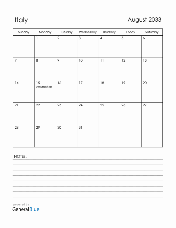 August 2033 Italy Calendar with Holidays (Sunday Start)