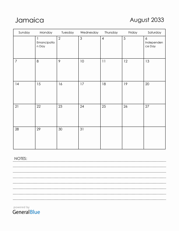 August 2033 Jamaica Calendar with Holidays (Sunday Start)
