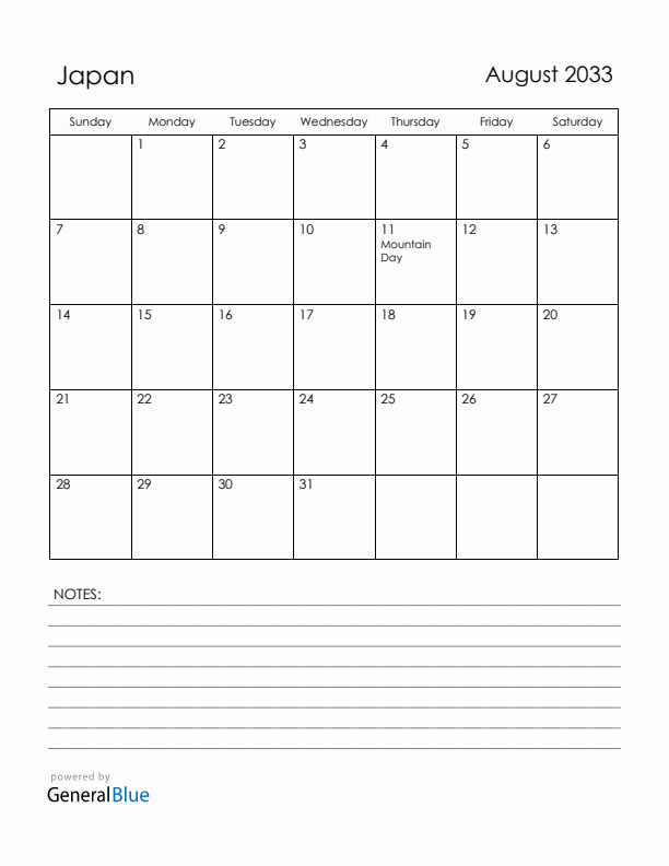 August 2033 Japan Calendar with Holidays (Sunday Start)