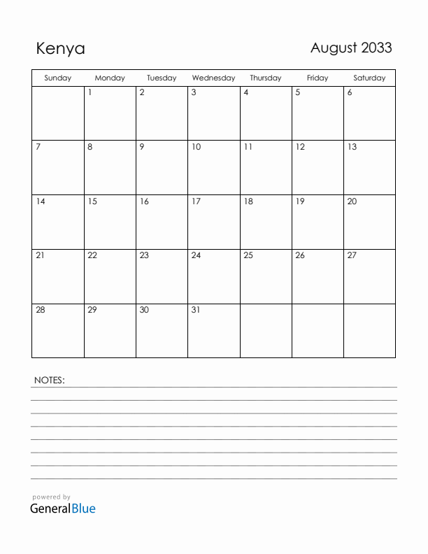 August 2033 Kenya Calendar with Holidays (Sunday Start)