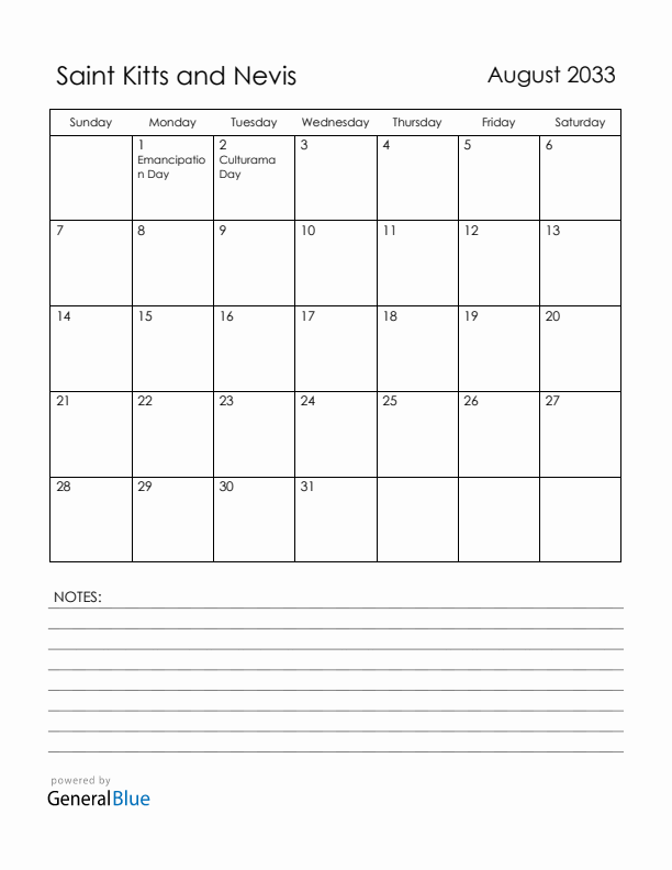 August 2033 Saint Kitts and Nevis Calendar with Holidays (Sunday Start)