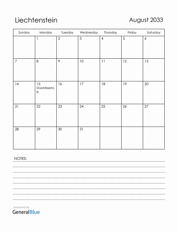 August 2033 Liechtenstein Calendar with Holidays (Sunday Start)