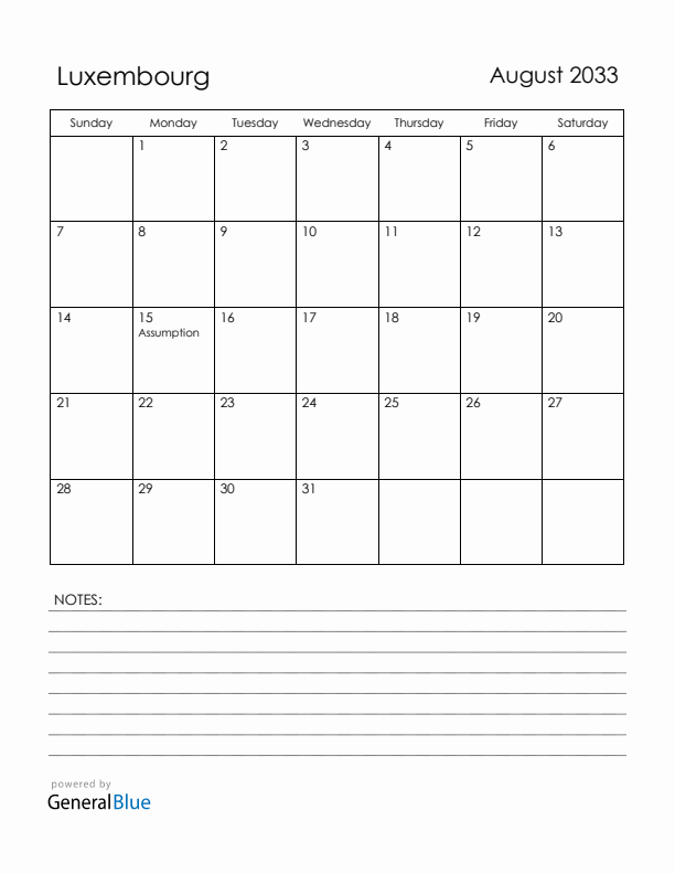August 2033 Luxembourg Calendar with Holidays (Sunday Start)