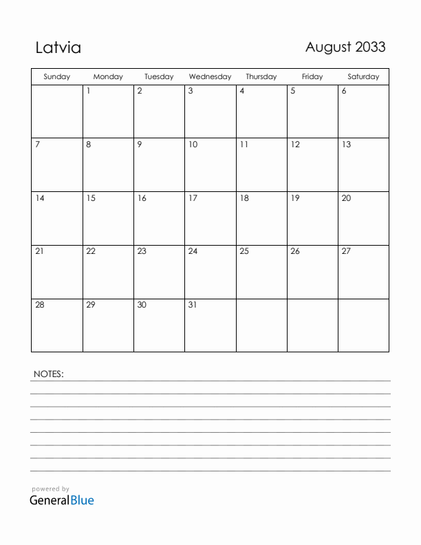 August 2033 Latvia Calendar with Holidays (Sunday Start)
