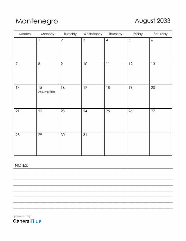 August 2033 Montenegro Calendar with Holidays (Sunday Start)