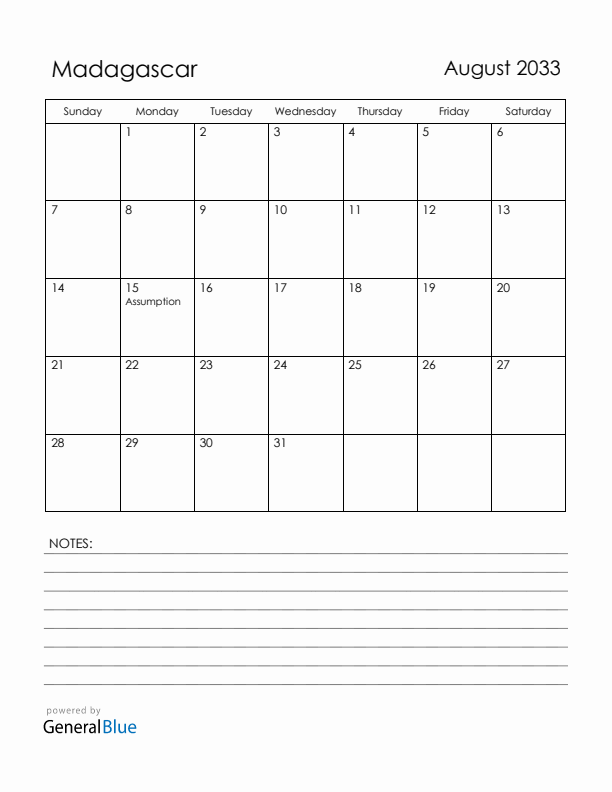 August 2033 Madagascar Calendar with Holidays (Sunday Start)