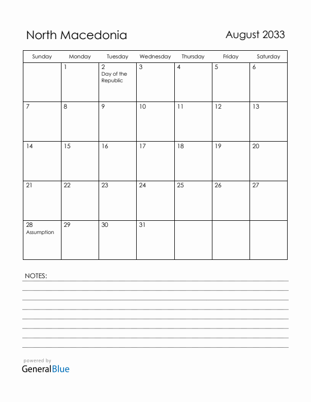 August 2033 North Macedonia Calendar with Holidays (Sunday Start)
