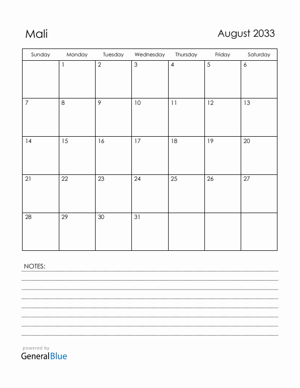 August 2033 Mali Calendar with Holidays (Sunday Start)