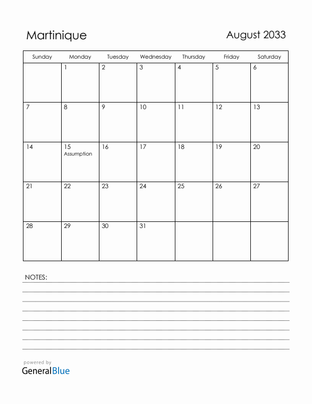 August 2033 Martinique Calendar with Holidays (Sunday Start)