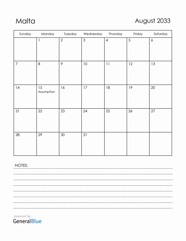 August 2033 Malta Calendar with Holidays (Sunday Start)