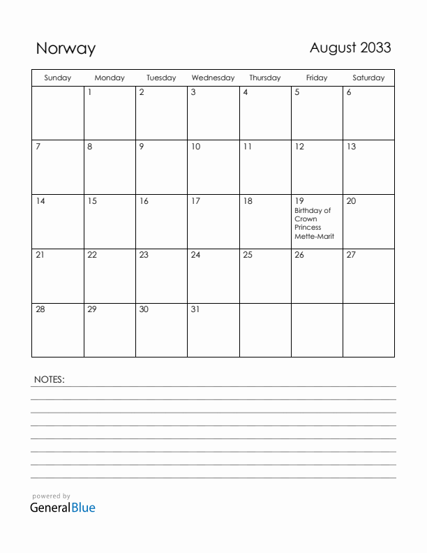 August 2033 Norway Calendar with Holidays (Sunday Start)