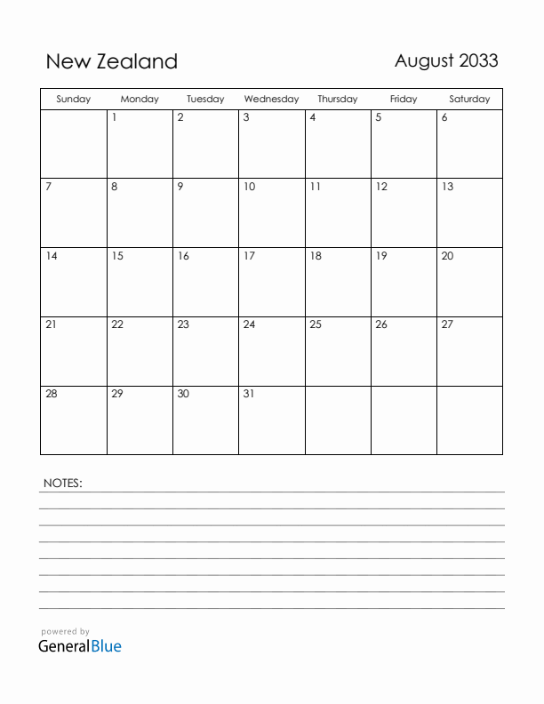 August 2033 New Zealand Calendar with Holidays (Sunday Start)