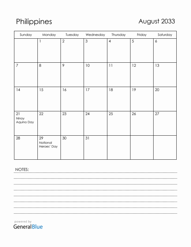 August 2033 Philippines Calendar with Holidays (Sunday Start)
