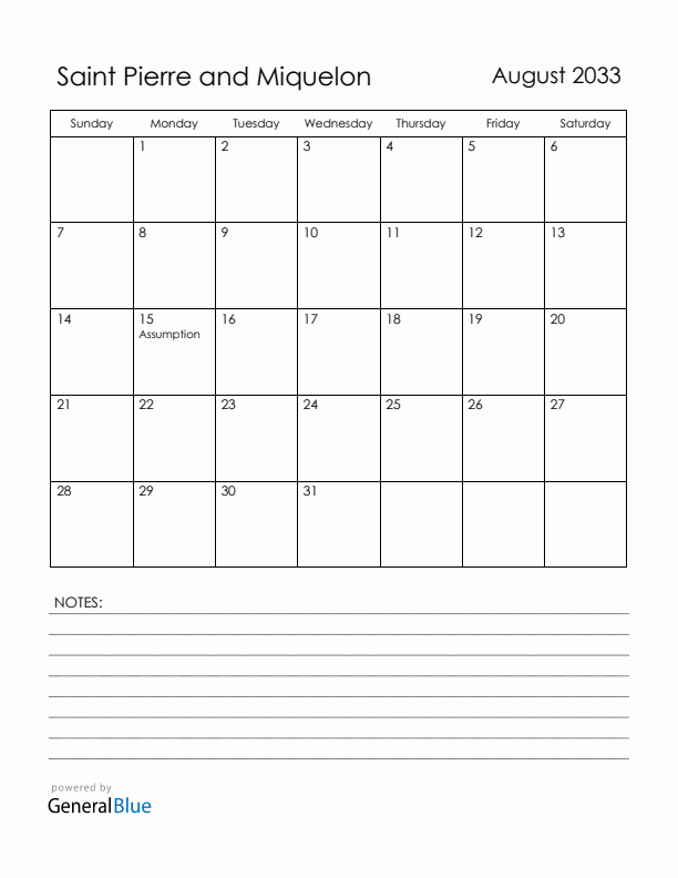 August 2033 Saint Pierre and Miquelon Calendar with Holidays (Sunday Start)