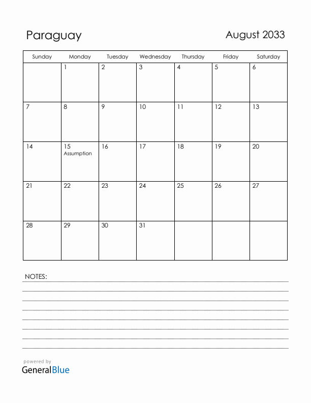 August 2033 Paraguay Calendar with Holidays (Sunday Start)