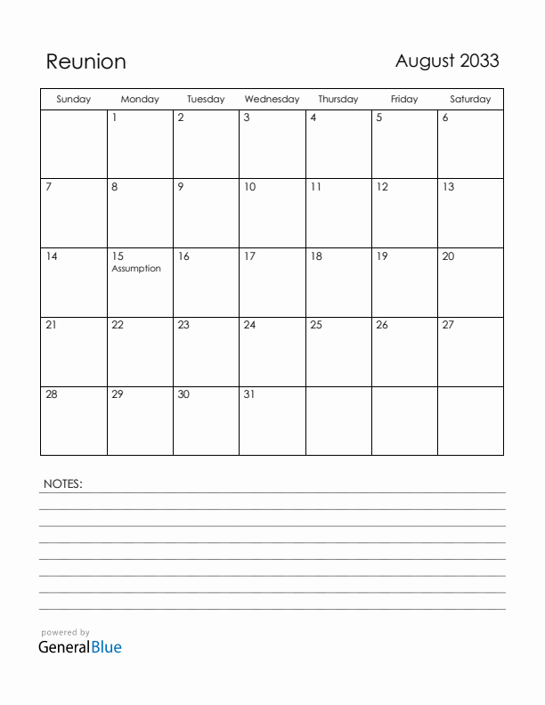 August 2033 Reunion Calendar with Holidays (Sunday Start)