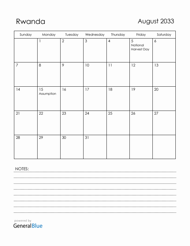 August 2033 Rwanda Calendar with Holidays (Sunday Start)