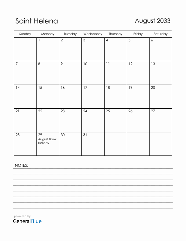 August 2033 Saint Helena Calendar with Holidays (Sunday Start)
