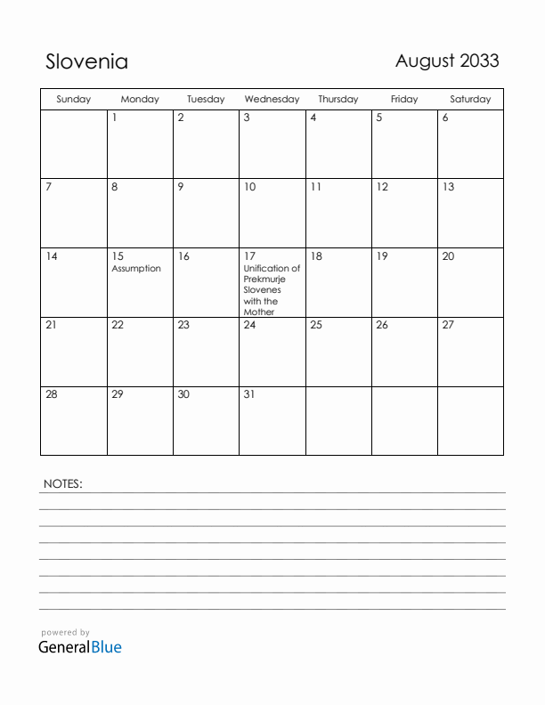 August 2033 Slovenia Calendar with Holidays (Sunday Start)