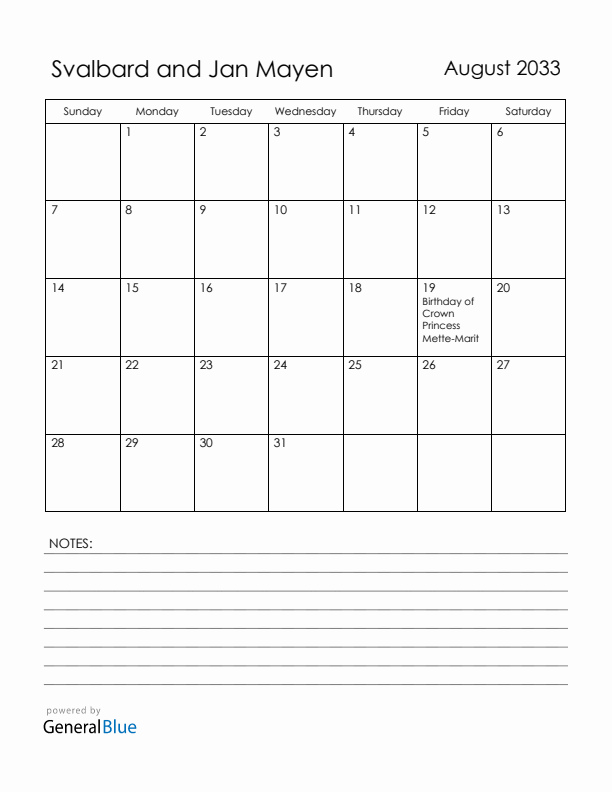 August 2033 Svalbard and Jan Mayen Calendar with Holidays (Sunday Start)