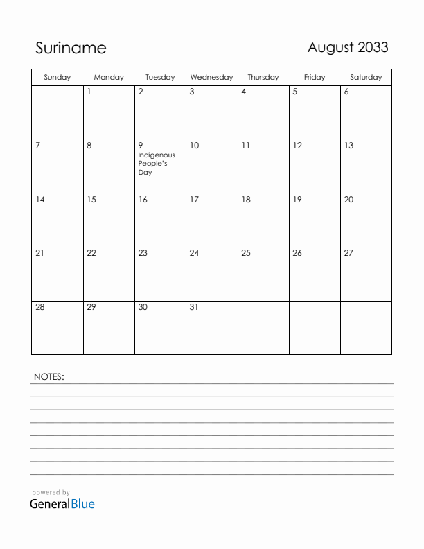 August 2033 Suriname Calendar with Holidays (Sunday Start)