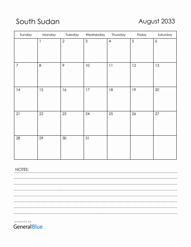 August 2033 South Sudan Calendar with Holidays (Sunday Start)