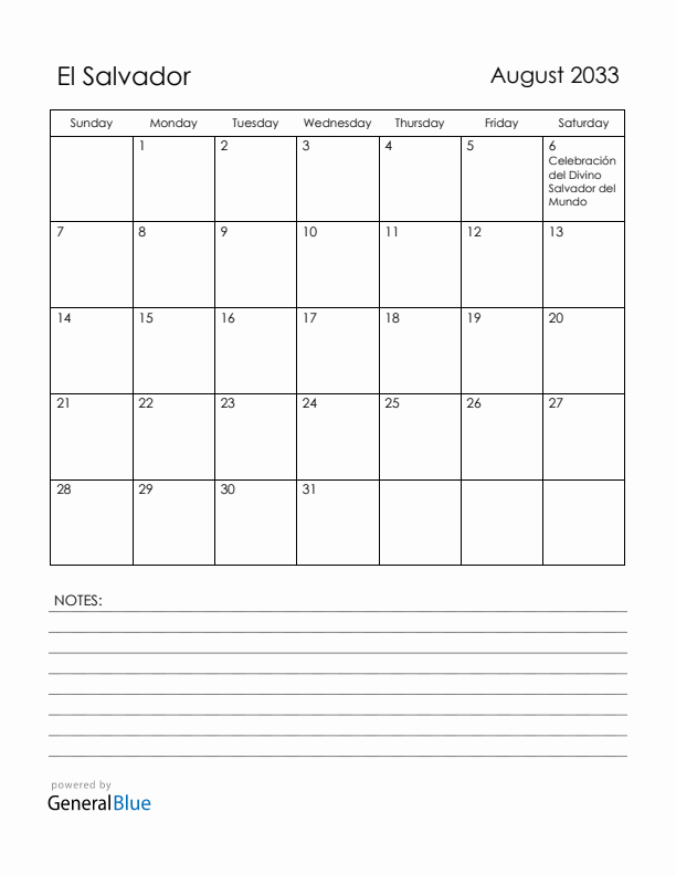 August 2033 El Salvador Calendar with Holidays (Sunday Start)