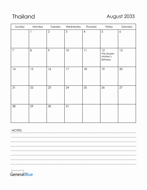August 2033 Thailand Calendar with Holidays (Sunday Start)