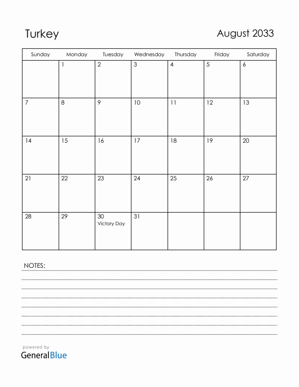 August 2033 Turkey Calendar with Holidays (Sunday Start)