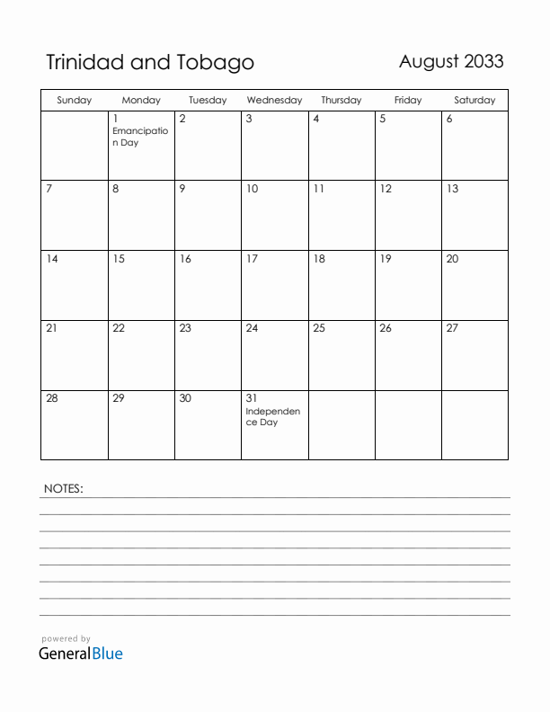 August 2033 Trinidad and Tobago Calendar with Holidays (Sunday Start)