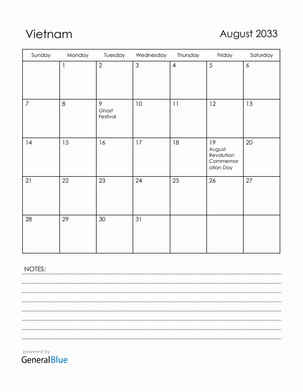 August 2033 Vietnam Calendar with Holidays (Sunday Start)