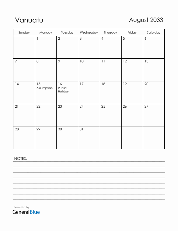 August 2033 Vanuatu Calendar with Holidays (Sunday Start)