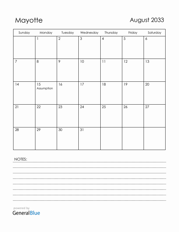 August 2033 Mayotte Calendar with Holidays (Sunday Start)