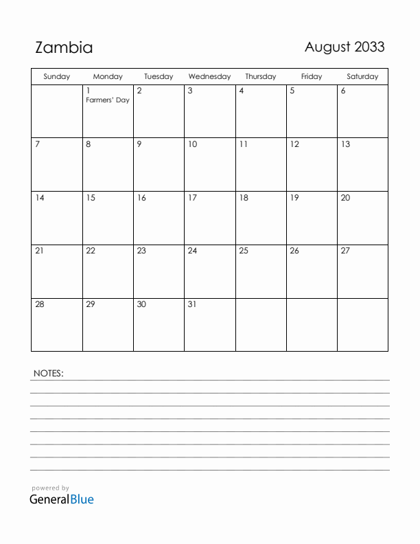 August 2033 Zambia Calendar with Holidays (Sunday Start)