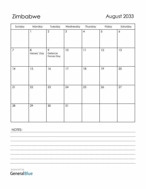 August 2033 Zimbabwe Calendar with Holidays (Sunday Start)