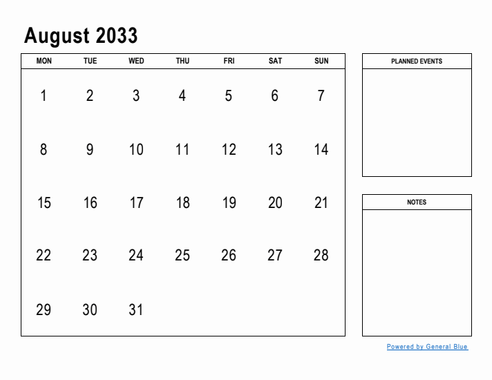 August 2033 Calendar Planner