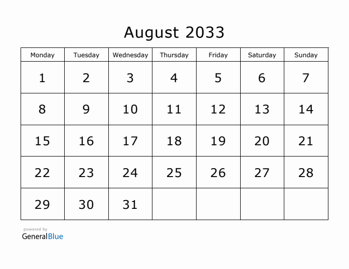 Printable August 2033 Calendar - Monday Start