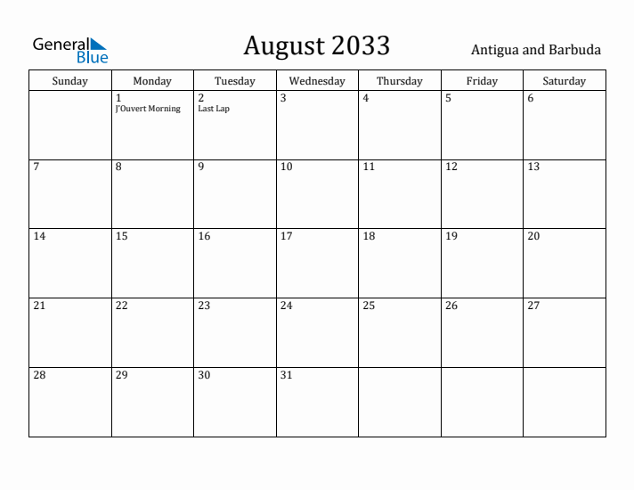 August 2033 Calendar Antigua and Barbuda