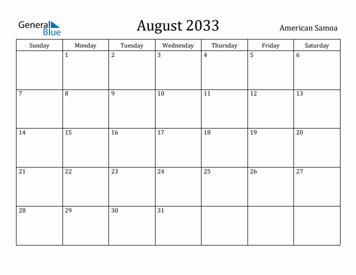 August 2033 Calendar American Samoa