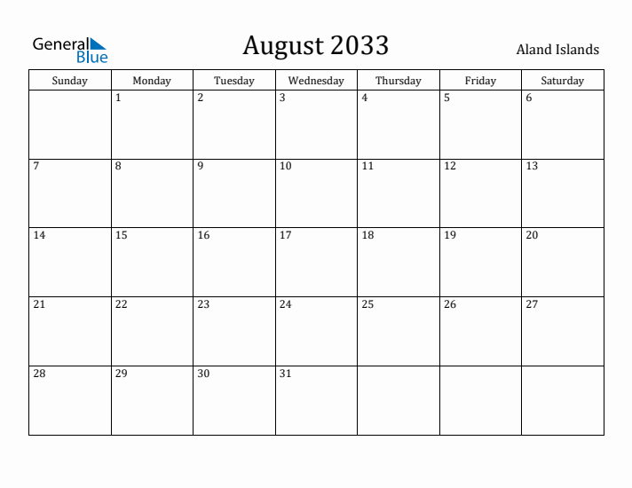 August 2033 Calendar Aland Islands