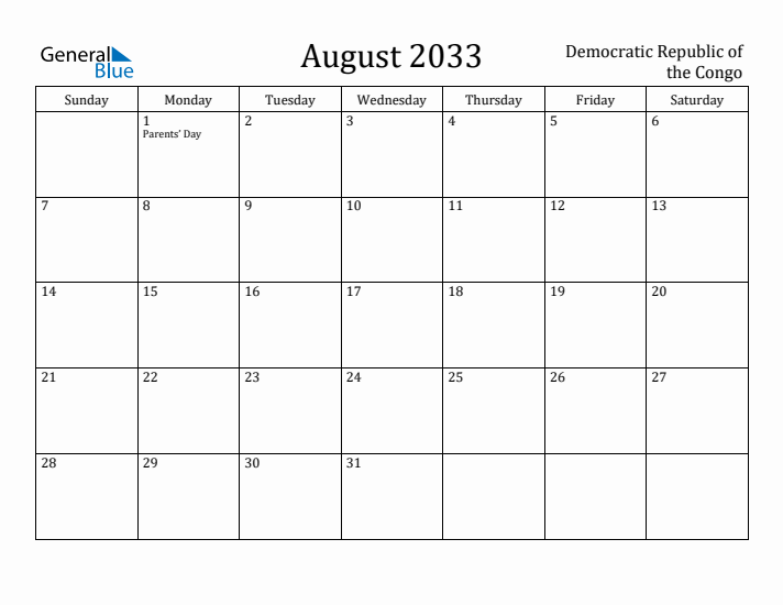 August 2033 Calendar Democratic Republic of the Congo