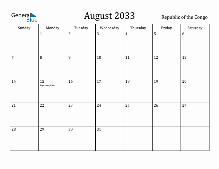 August 2033 Calendar Republic of the Congo
