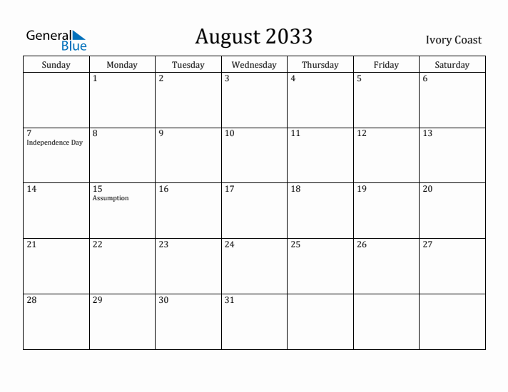 August 2033 Calendar Ivory Coast