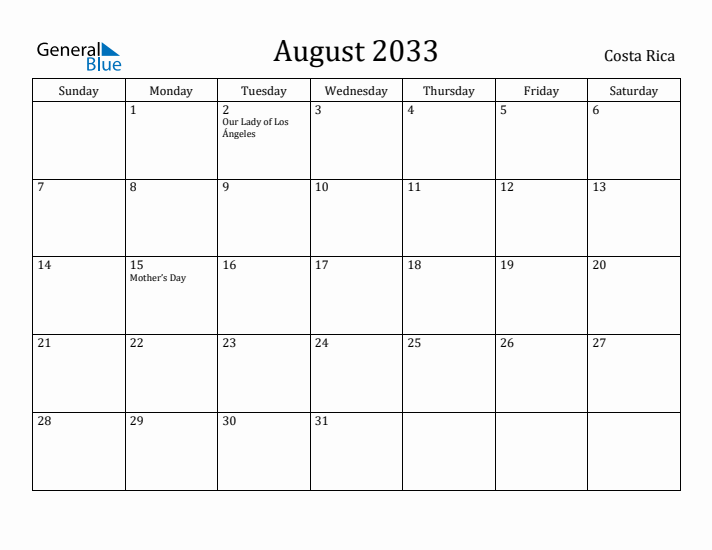 August 2033 Calendar Costa Rica