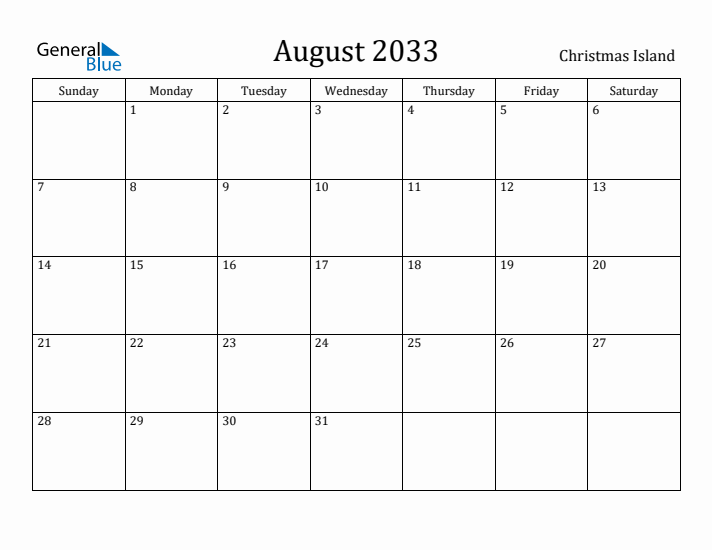 August 2033 Calendar Christmas Island