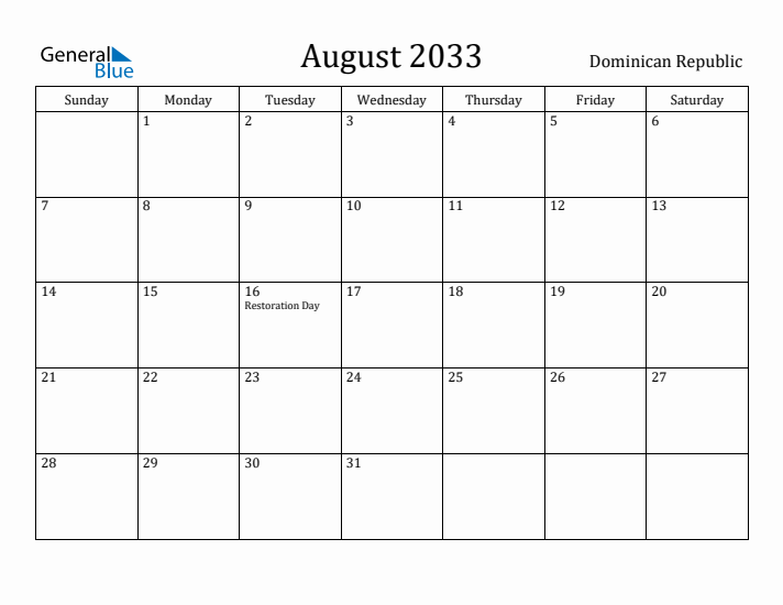 August 2033 Calendar Dominican Republic