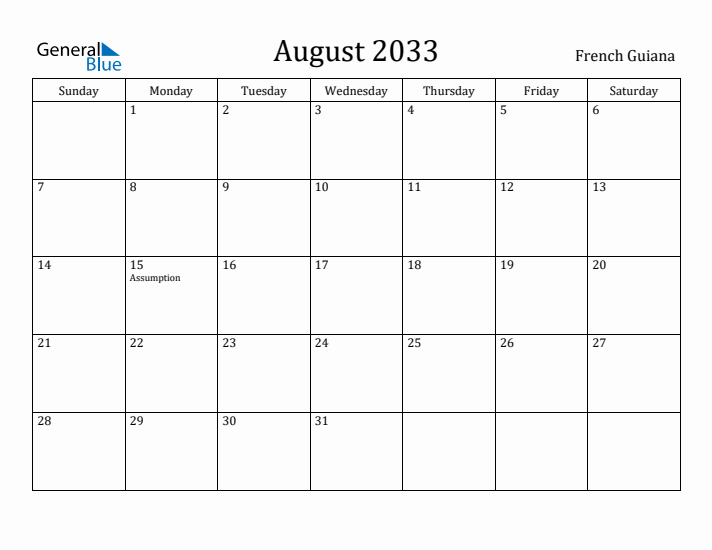 August 2033 Calendar French Guiana