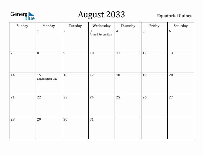 August 2033 Calendar Equatorial Guinea