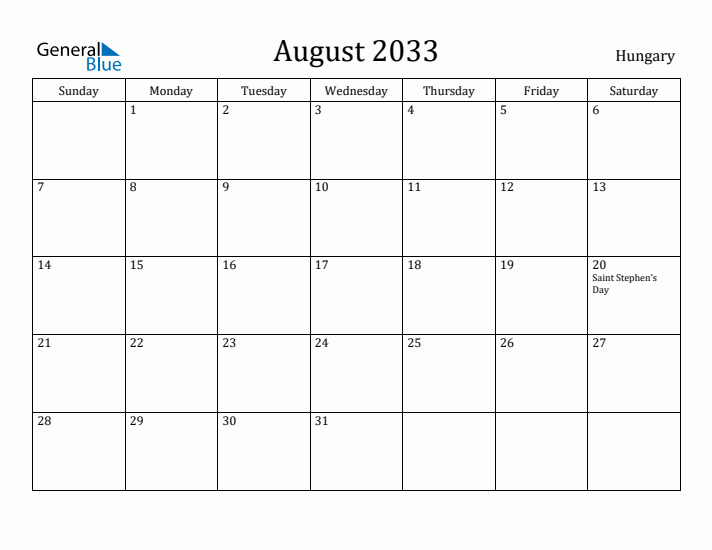 August 2033 Calendar Hungary