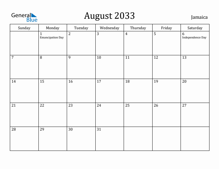 August 2033 Calendar Jamaica